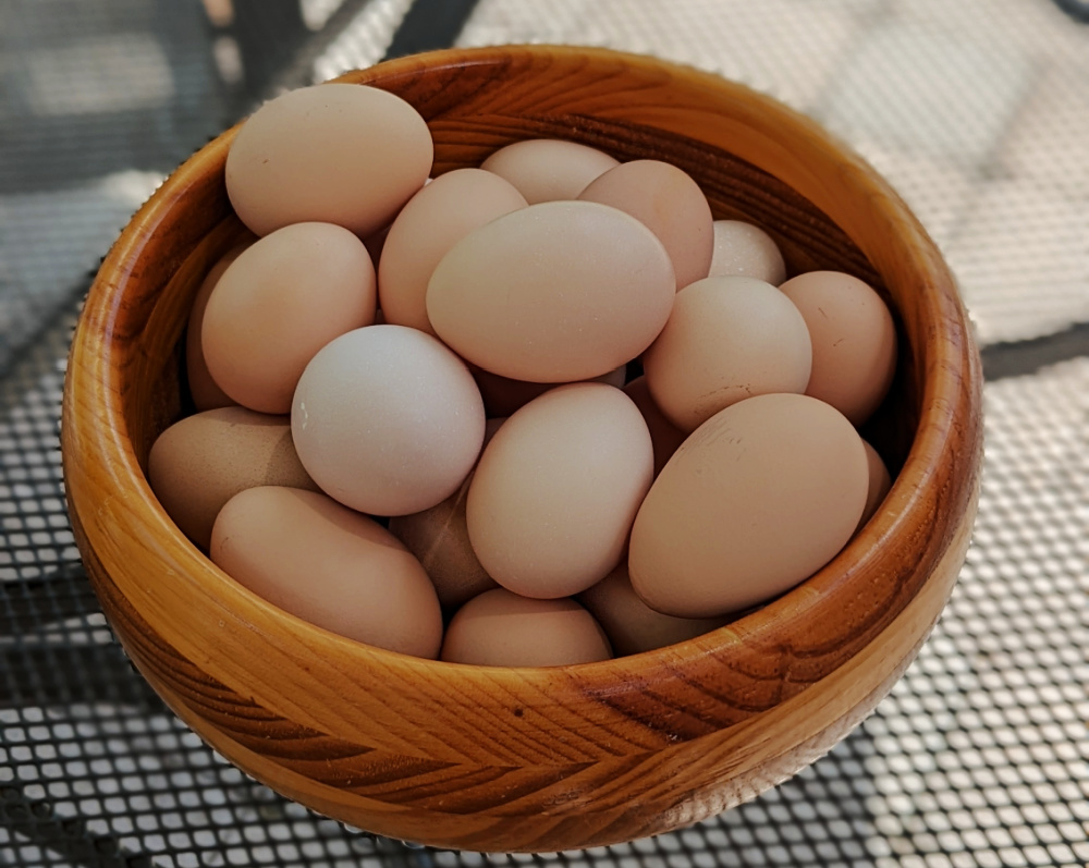 unpeeled boiled eggs in wooden bowl