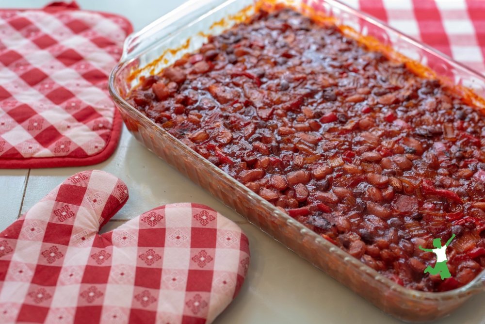 healthy baked beans in a casserole dish on a counter