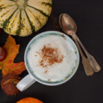 healthy pumpkin spice latte with seasonal background