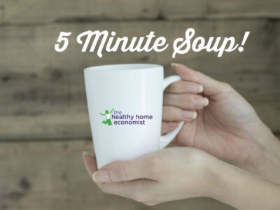 5 minute soup in a white mug