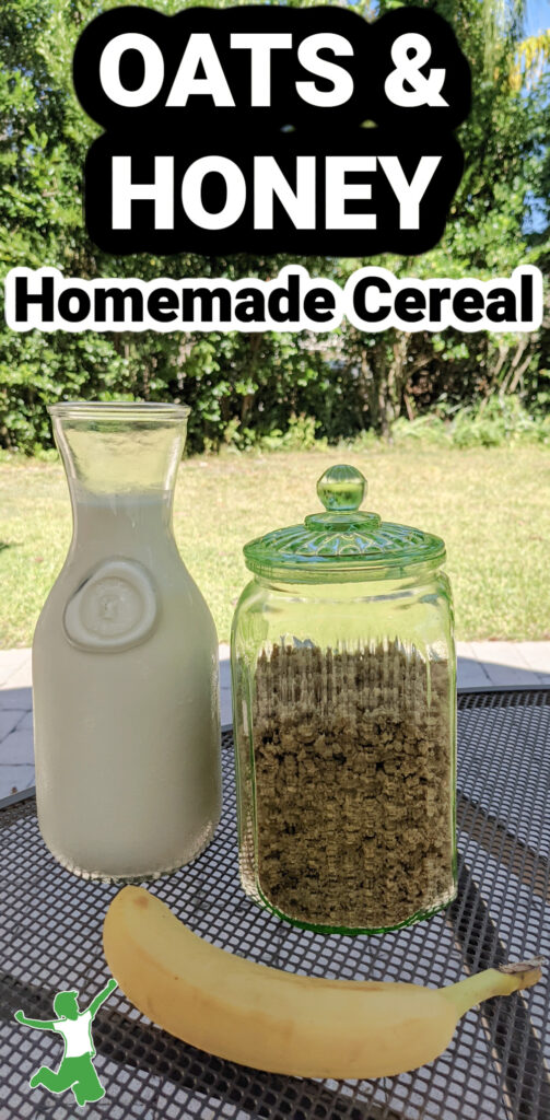 Healthy oat and honey cereal with banana and milk carafe on table