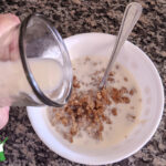 Homemade oat and honey breakfast cereal in a bowl of milk