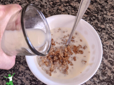 homemade oats and honey breakfast cereal in a bowl with milk