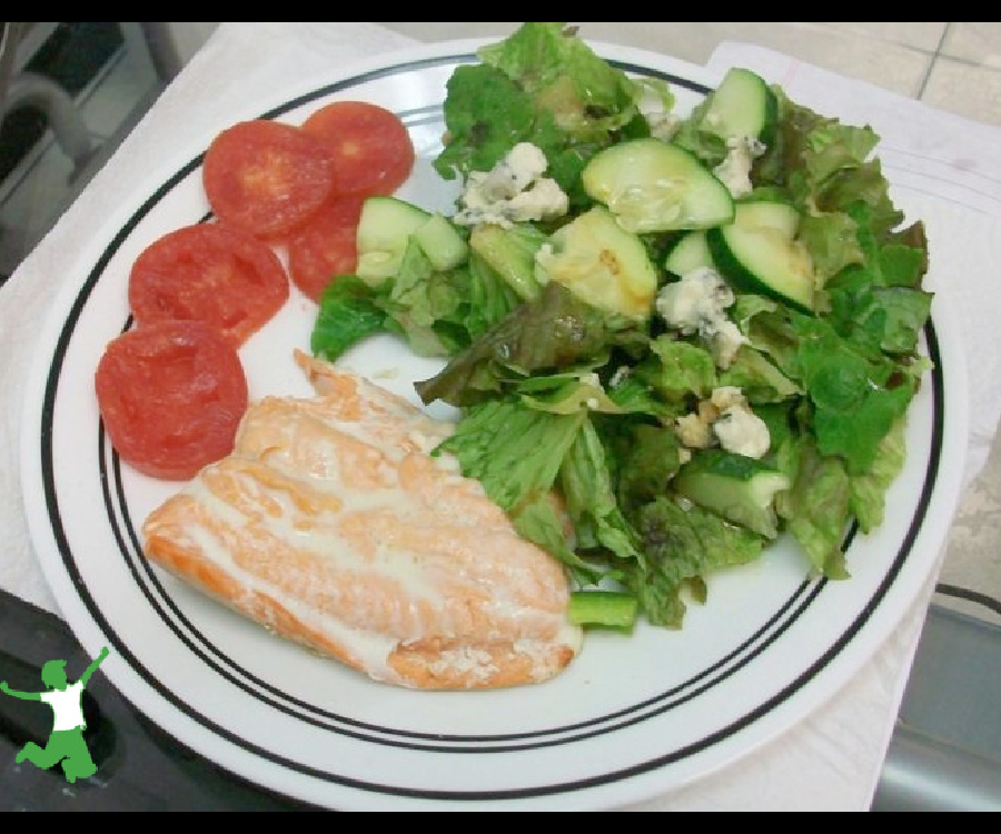 salmon fillet cooked in toaster oven with salad on white plate