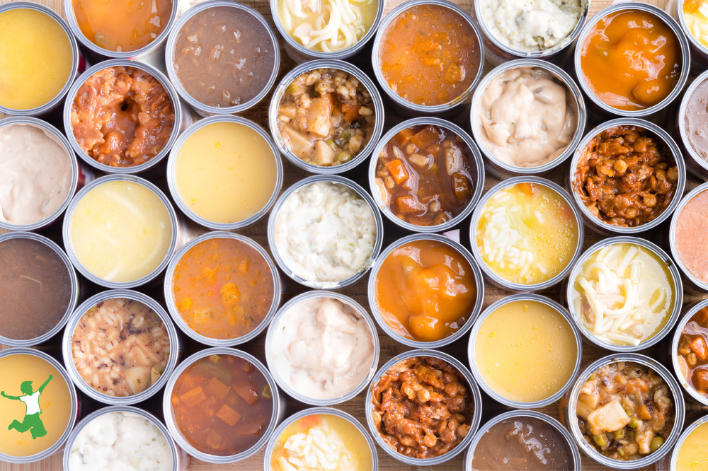 healthy soups lined up on a counter