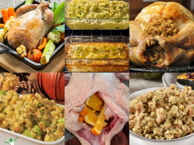 collage of healthy stuffing recipes for holidays and Thanksgiving