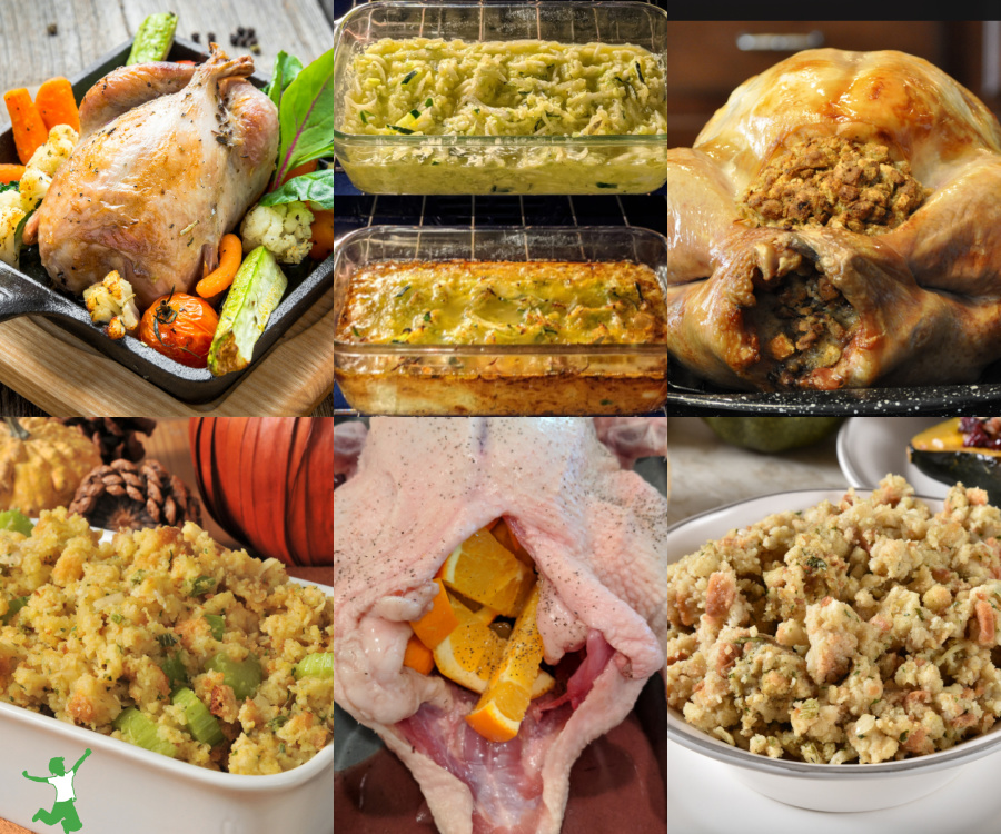 collage of healthy stuffing recipes for Thanksgiving and Holidays