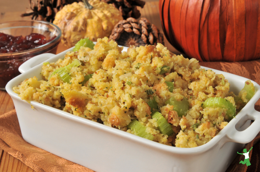 sourdough stuffing in a white baking dish