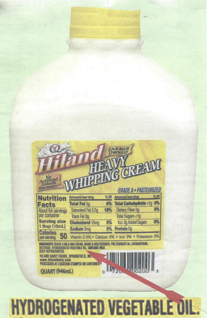 Hiland Dairy adulterated heavy whipping cream