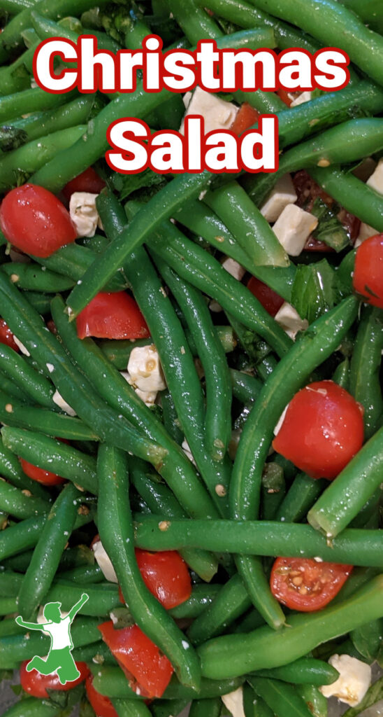 green bean, tomato and feta Christmas salad in a bowl