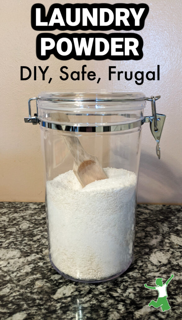 DIY laundry powder in a half gallon container on a granite table