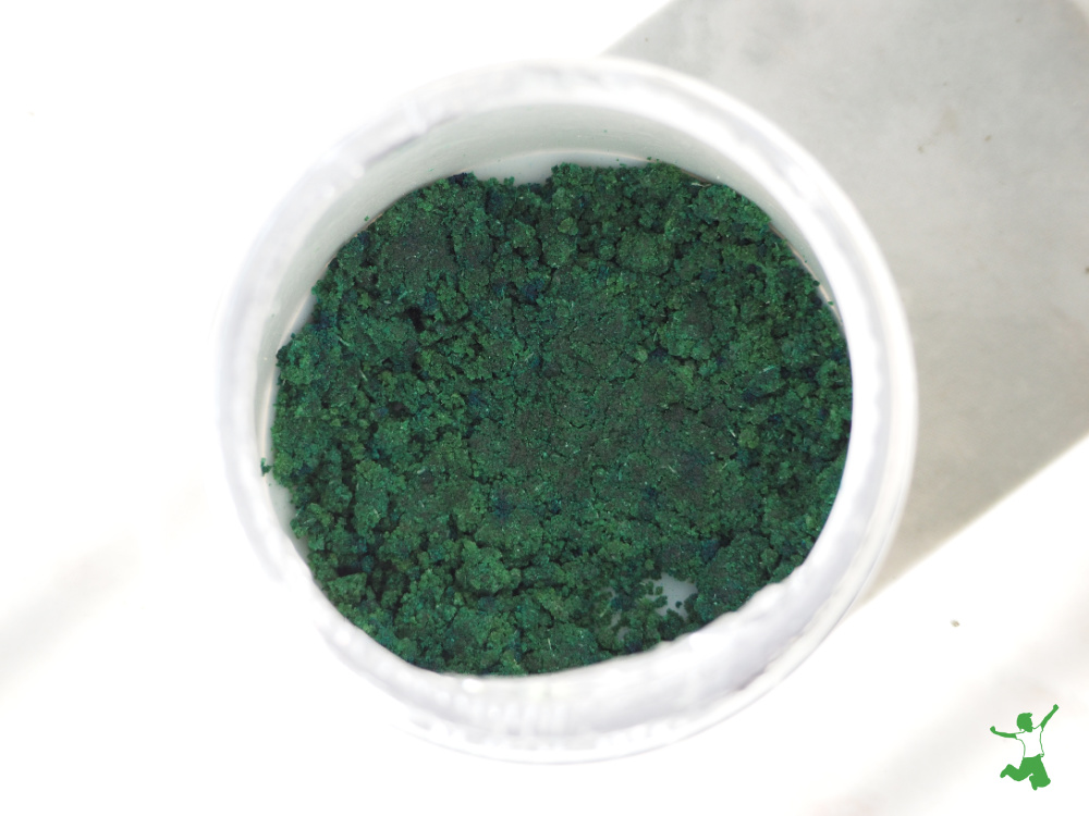 freshly made green vegetable powder low in oxalates in white cup