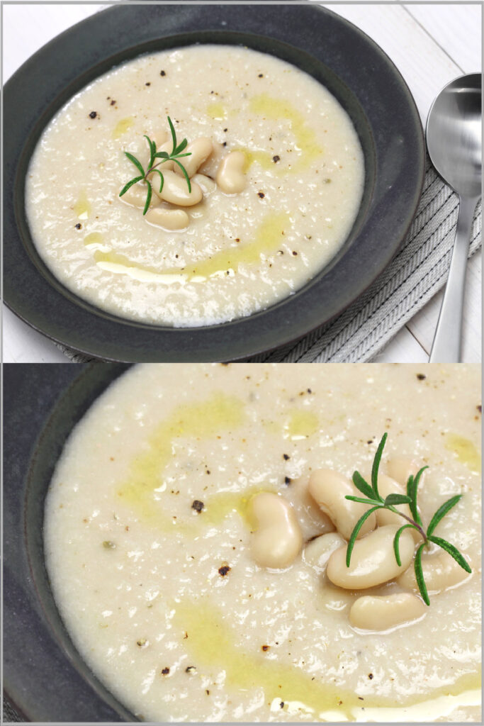 bean and bacon soup on a bowl with spoon