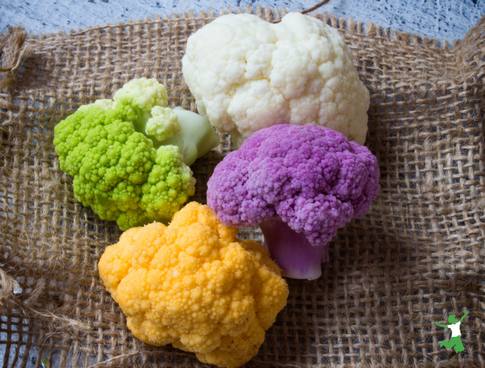 rainbow of cauliflower florets as healthy potato alternative on straw tablecloth