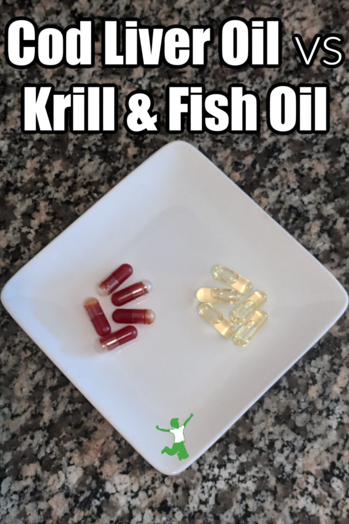 cod liver oil and krill oil capsules on a white plate granite background