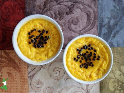 passionfruit custard ramekins on multi-colored tablecloth