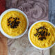 passionfruit custard ramekins on multi-colored tablecloth