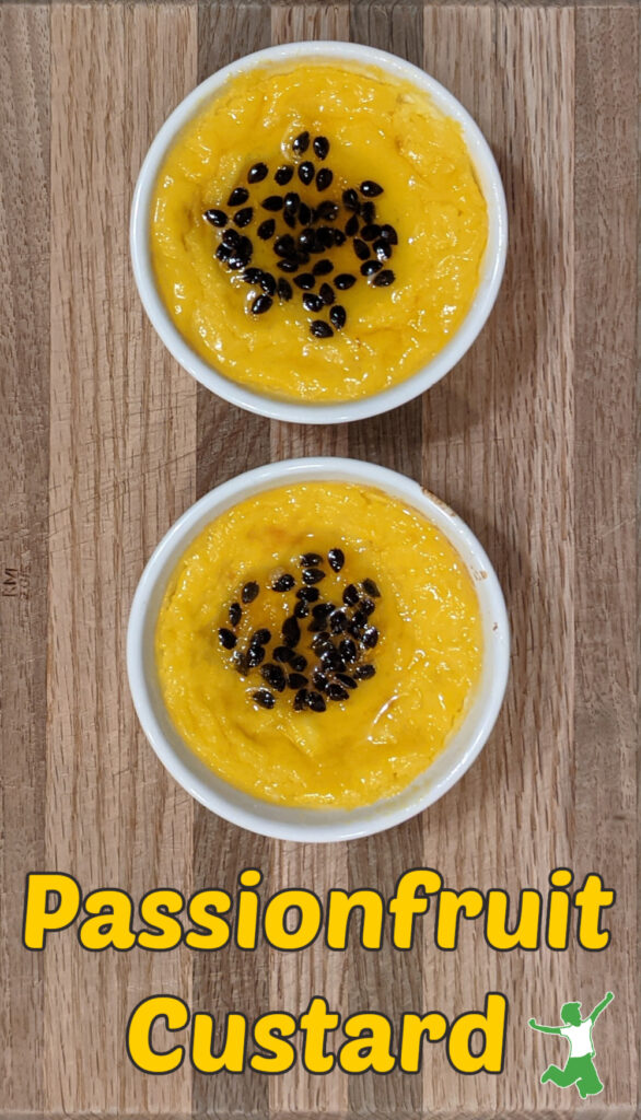 white ramekins of passion fruit custard with puree topping