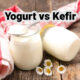 jars of yogurt and kefir on wooden table