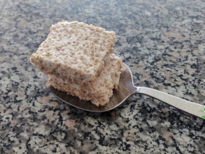homemade marshmallow krispies squares on granite counter