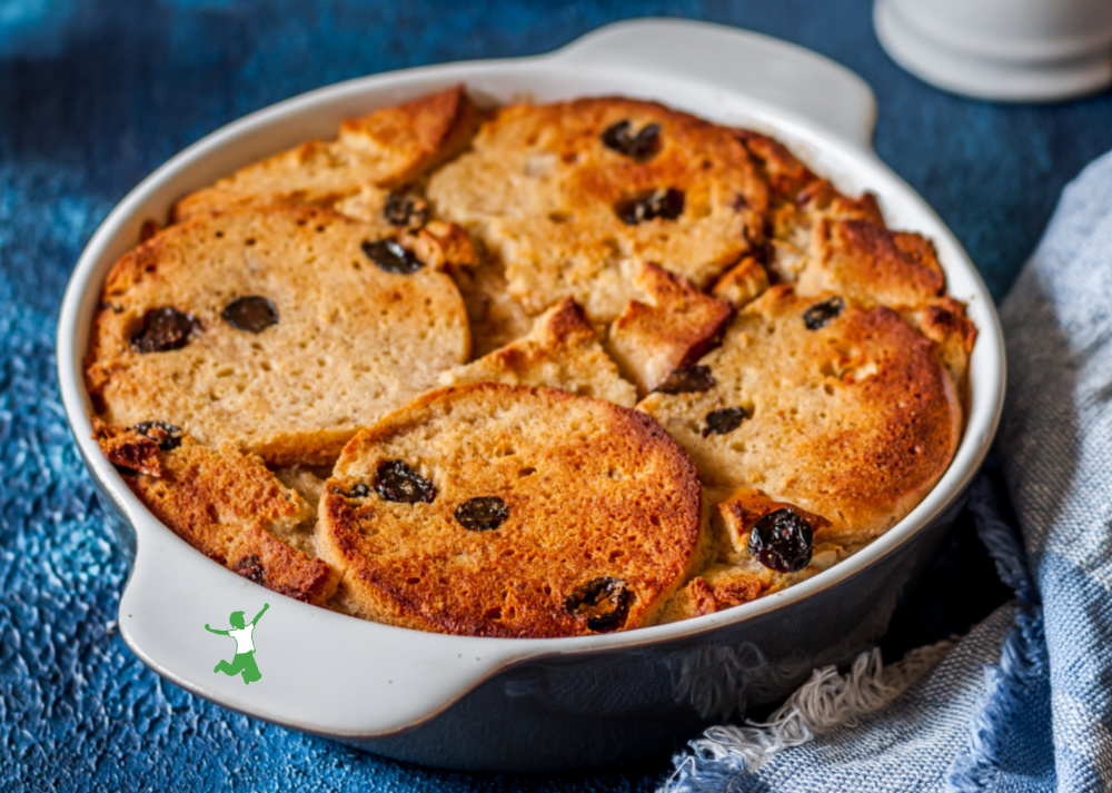 bread and butter pudding in white baking dish