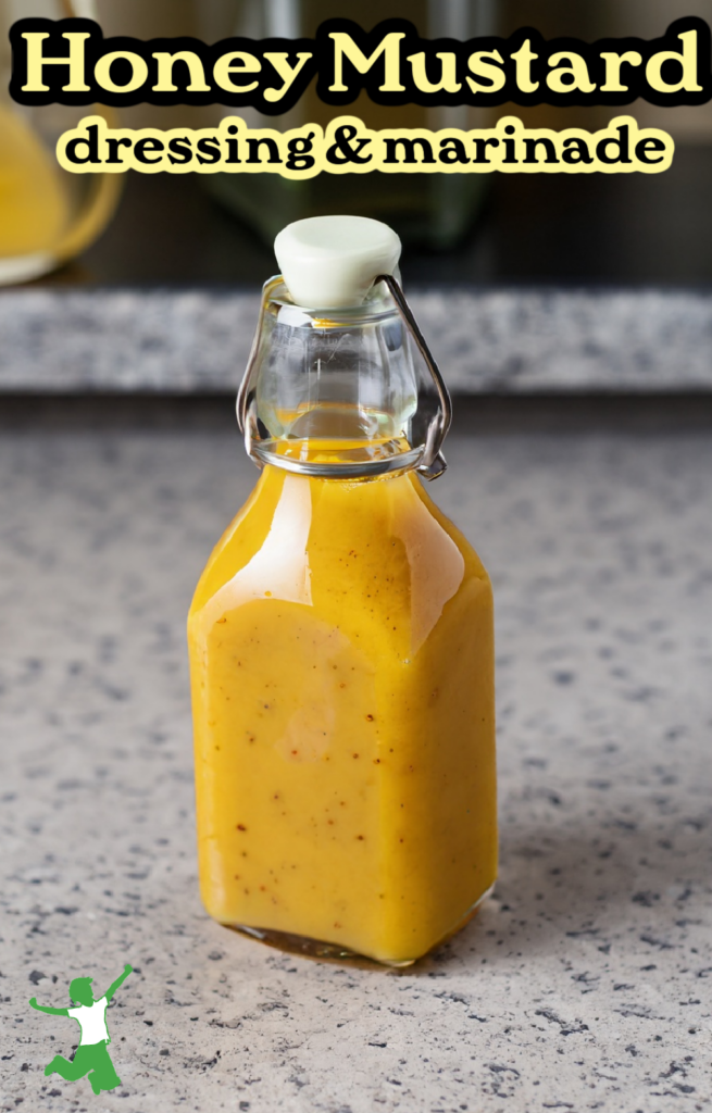 healthy honey mustard dressing in glass bottle on granite counter