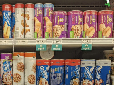 organic refrigerated dough products on supermarket shelf with aluminum packaging risk