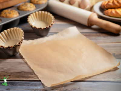 toxic unbleached parchment paper and baking cups with muffins on wooden table