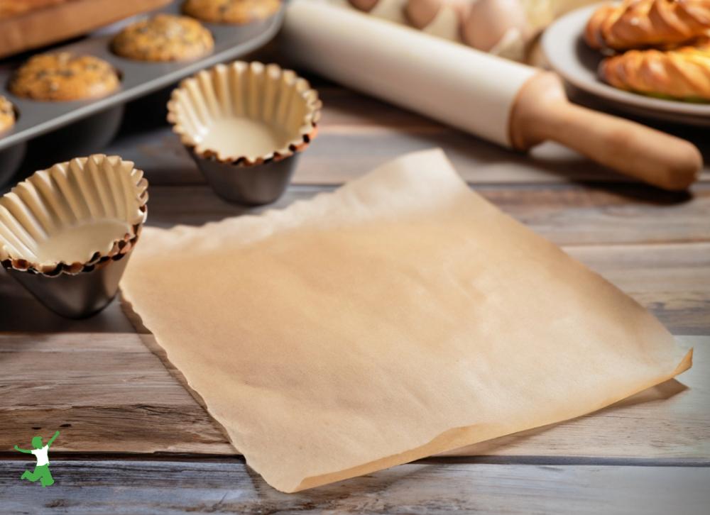 toxic unbleached parchment paper and baking cups with muffins on wooden table