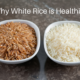 healthiest white rice and brown rice in bowls on granite counter