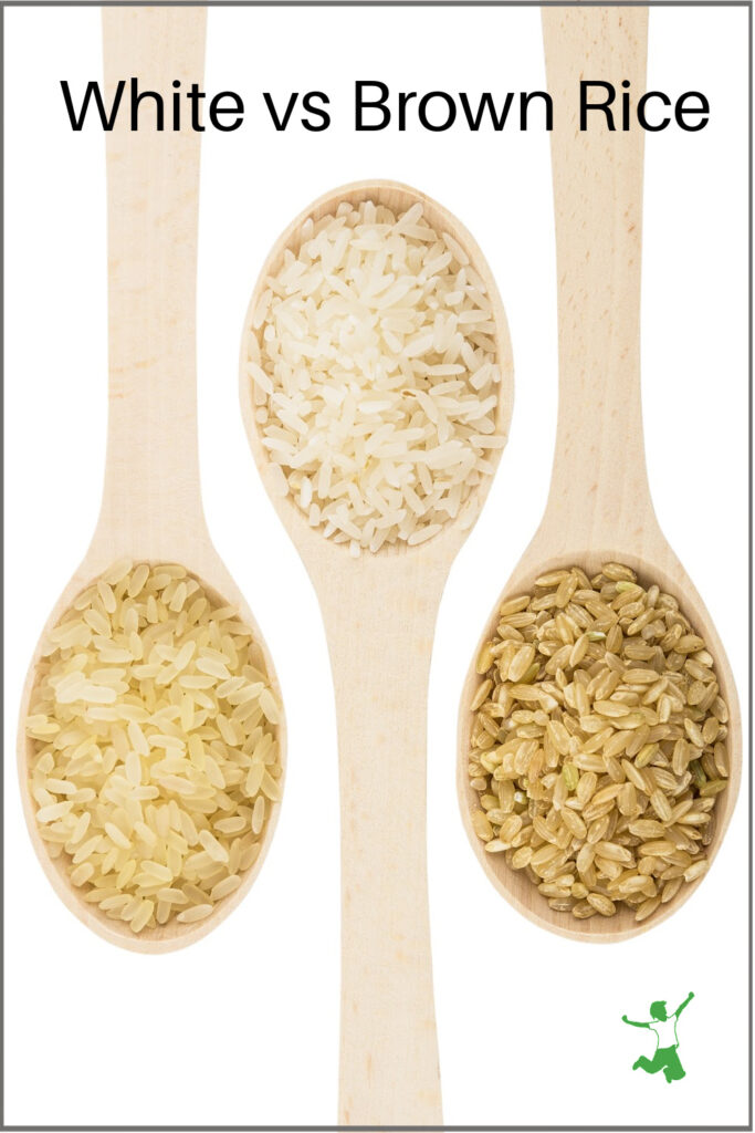 healthier white rice and brown rice on wooden spoons