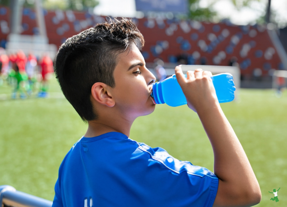 young boy drinking blue gatorade at a soccer game