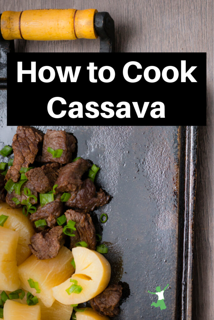 cooked cassava chunks on cast iron pan with braised beef tips