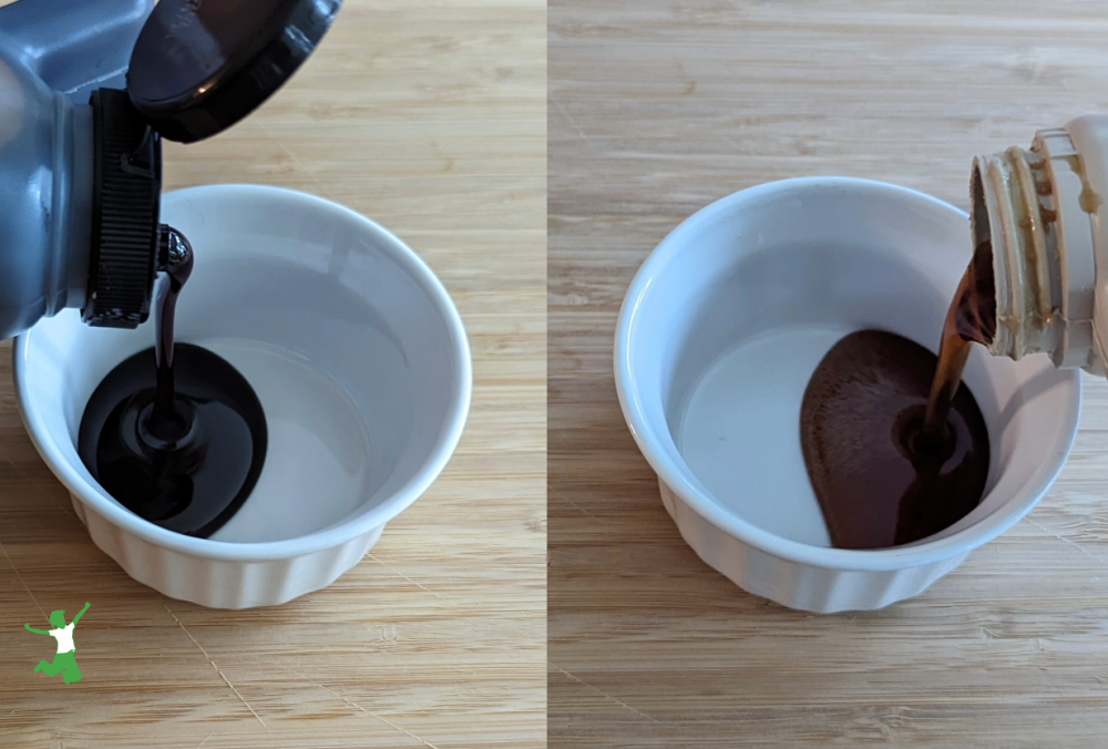bowl of maple syrup and date syrup side by side for comparison
