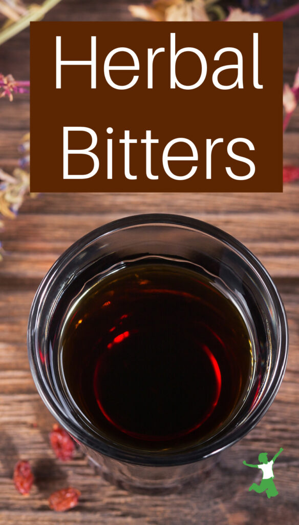 single serving of bitters in a glass with herbs on a table