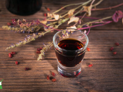 shot glass of herbal bitters on wood table for bile production and fat digestion