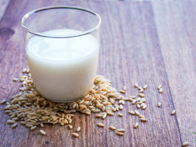 fermented rice milk in glass on wood counter