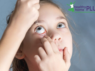 young girl using homemade allergy eye drops in her right eye