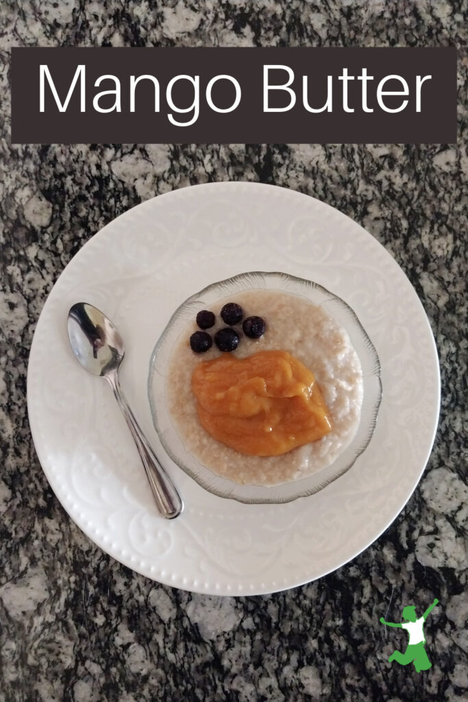 probiotic mango butter on oatmeal in bowl with spoon