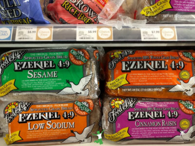 sprouted bread containing seitan in healthfood store freezer