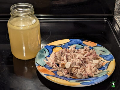 leftover meat from making broth on colorful plate