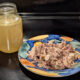 leftover meat from making broth on colorful plate