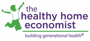 the healthy home economist text logo with green silhouette of a person jump cheering