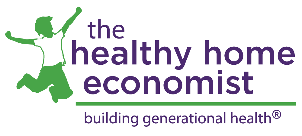 the healthy home economist text logo with green silhouette of a person jump cheering