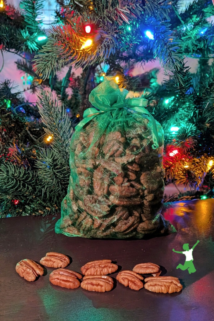 healthy candied pecans in gift bag
