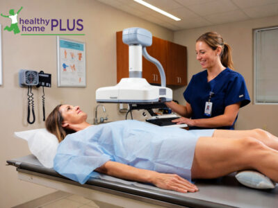 woman getting a DEXA scan at the doctor's office