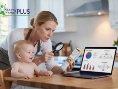 mother researching a food brand to see if it is independent