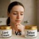 woman deciding between tallow or lard skin cream