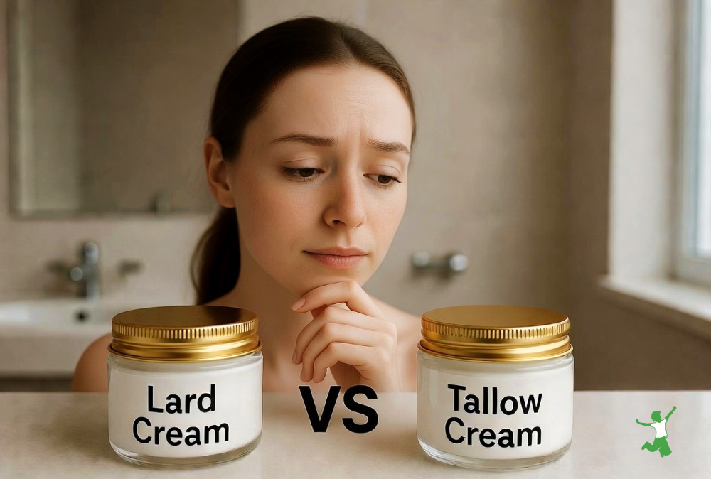 woman deciding between tallow or lard skin cream