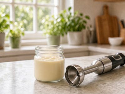 one minute mayonnaise with stick blender on counter
